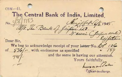 Karta pocztowa z Indii — korespondencja bankowa — Central Bank of India, Limited — Rewers
