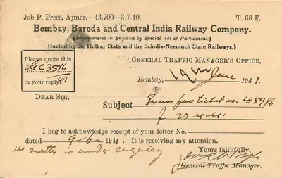 Bombay, Baroda and Central India Railway Company — korespondencja — Job P. Press, Ajmer — Rewers