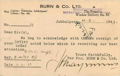 Beawar — kartka pocztowa handlowa — Burn & Co. Ltd., Jubbulpore — Rewers