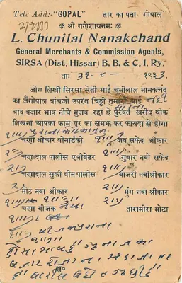 Miasto Jaipur — kartka pocztowa z pieczęcią 9 pias — wydawca L. Chunilal Nanakchand, Sirsa — Rewers