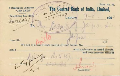 Jaipur — Karta pocztowa bankowa — The Central Bank of India, Limited, Lahore — Rewers