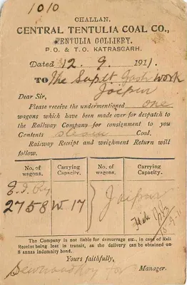Central Tentulia Coal Co. - Kopalnia Tentulia — Jaipur, Indie, 1911 — Rewers