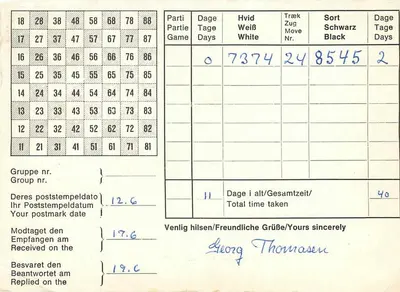 Jogo de xadrez — partida no 7374 — Dansk Skaksalg Aps, Dinamarca — Verso