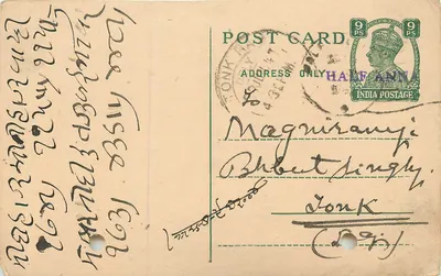 Carta postal de Tonk — escrita em devanagari — selo de 9 pence
