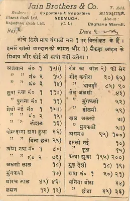Carta postal comercial — Jain Brothers & Co., Neemuch — destinada a Motilal Chhagudal, Dauses (Daiipur), Marwar — Verso