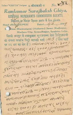 Jaipur State — kartka pocztowa z pieczęcią 1/2A — wydawca Ramkumar Surajbaksh Ghiya — Rewers