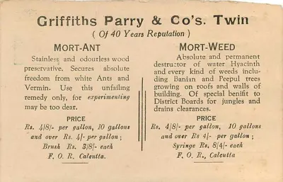 Mort-Ant — środek ochronny dla drewna — Griffiths Parry & Co. — Kalkuta — Rewers