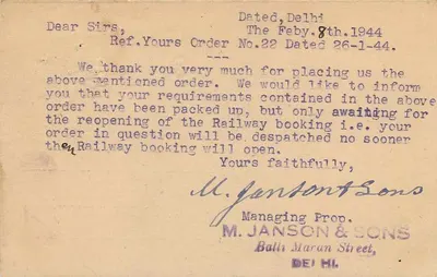 Carta postal de resposta de Delhi — M. Janson & Sons, Delhi — selo 9 pence — Verso