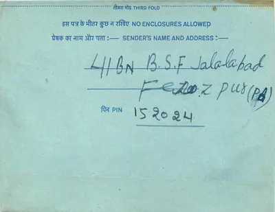 Carta postal interna indiana — selo de 20 annas — destinatário em Lahore — Verso