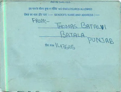 Carta postal interna indiana — Thomas Batalvi, Batala, Pendjab — selo de 20 annas — Verso