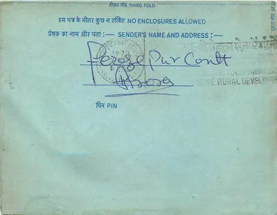 Carta postal interna indiana — selo de 20 annas, carimbo 'Pur Contt' — destinatário a Peroze Pur Contt — Verso