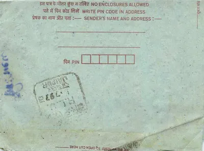 Carta postal indiana — selos e obliteração — editor: India Post — Verso