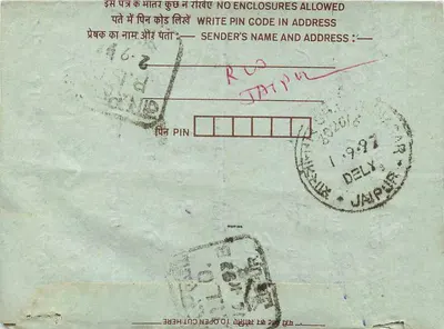 Carta postal interior indiana — Jodhpur, 1997 — editor não visível — Verso