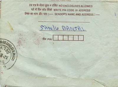 Carta postal interna indiana — selo de 75 pence, carimbo de Delhi, escrita manuscrita — Verso
