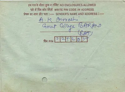 Carta postal interior indiana — A.K. Ourresh, Gout College, Baran (Rajasthan) — destinada à M/s Adarsh Prakashan, Chaura Rasta, Jaipur-3 — Verso