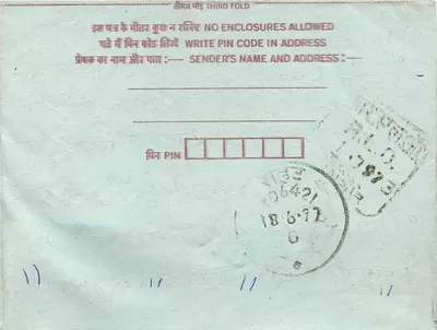 Carta postal interna indiana — selos e carimbo postal — editor: India Post — Verso
