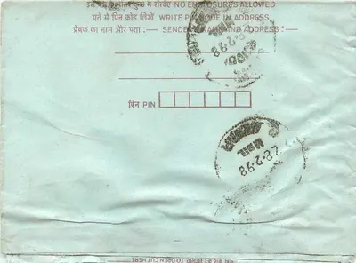 Carta postal indiana — selos de 25 e 75 anos, cancelamento 'INDIA' — verso com instruções e carimbo postal — Verso