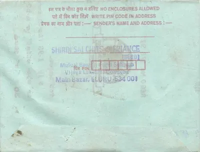 Indian inland letter card — handwritten text in Kannada — publisher Shirdi Sai Chits & Finance — Back