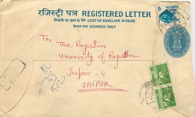 Carta registrada — Universidade de Rajasthan — Jaipur