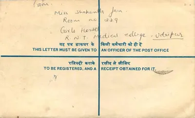 Carta certificada — Universidad de Rajasthan — Udaipur — Reverso