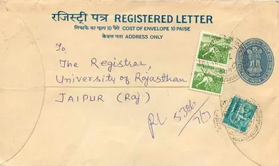 Carta registrada — Universidade de Rajasthan, Jaipur — Índia — Verso
