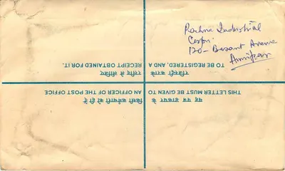 Carta registrada — Amritsar, Índia — 1947 — Verso