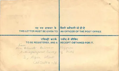 Carte postale registrada — Calcutá para Nova Deli — Correios indianos — Verso