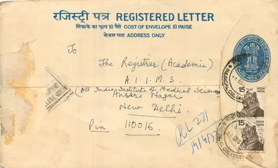 Carte postal registrada — Instituto Nacional de Ciências Médicas da Índia, Nova Deli — editor: Colégio Médico, Amravati