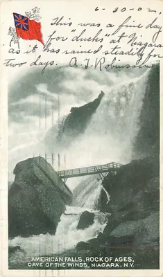 Cascata Americana, Pedra das Idades, Gruta dos Ventos, Niagara, N.Y. — cartão postal datado 6-30-02 — editor não visível
