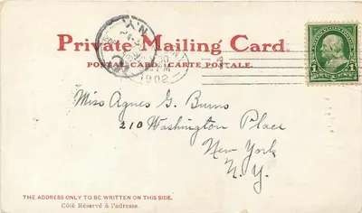 Cascata Americana, Pedra das Idades, Gruta dos Ventos, Niagara, N.Y. — cartão postal datado 6-30-02 — editor não visível — Verso