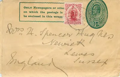 Nova Zelândia — Envelope postal com selos e carimbo — destinado a Lewes, Inglaterra