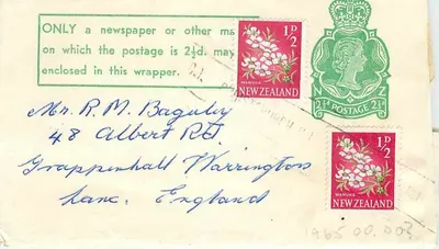 Nova Zelândia — Envelope com selos Manuka — destinado a Grappenhall, Inglaterra