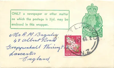 Nova Zelândia — Envelope com selo e carimbo — destinado a Grappenhall, Inglaterra