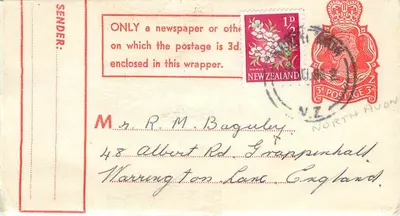 Carta postal da Nova Zelândia — texto impresso e endereço — editor desconhecido