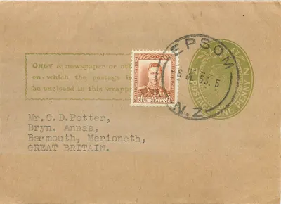 Envelope postal — N.Z. — selo 1d Nova Zelândia — carimbo de Epsum