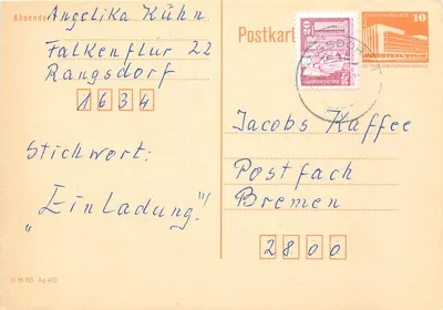 Falkenflur 22 Rangsdorf — carta postal da RDA — editor III 18 185 Ag 400