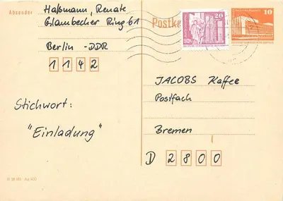 Carta postal em branco — Berlim - DDR, editor JACOBS Kaffee, Bremen