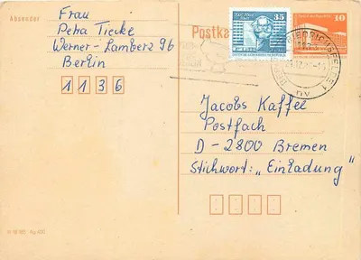 Berlim — carta postal com selos e inscrição à mão — editor desconhecido, número de série não visível
