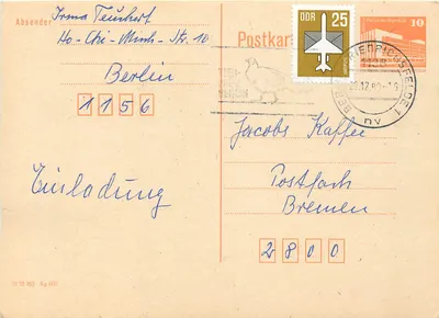 Carta postal de Berlim para Bremen — editor não visível — datada 29.12.80