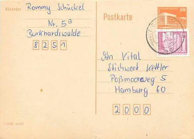 Carta postal da República da Alemanha Oriental — Rommy Schückel para Vital Stichwort Kettler — selos 10 e 20 pf