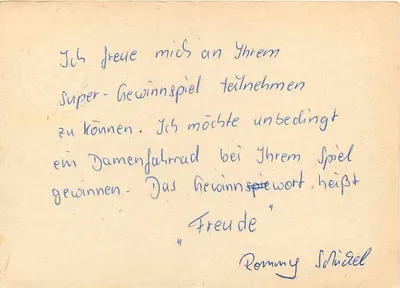 Carta postal da República da Alemanha Oriental — Rommy Schückel para Vital Stichwort Kettler — selos 10 e 20 pf — Verso