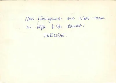 Lösungswort aus vital-extra — Heft 4/90 — Detalhe de correspondência — editor 'vital' — selos DDR — Verso