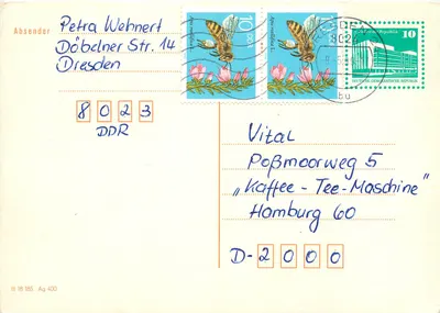 Dresden — carta postal com selos de abelhas — editor Ag 400