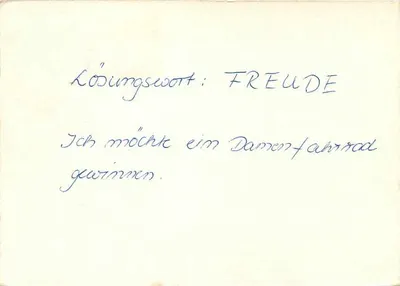 Carta postal da RDA — brincadeira de palavras 'Freude' — editor III 18 185 Ag 400 — Verso