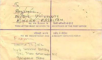 Carta postal registrada — Índia — 1960 — 5 selos de 20 p. — destinada à Universidade M.D.S. em Ajmer — Verso