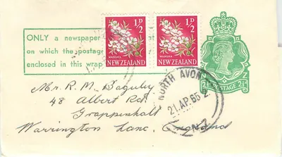 Nova Zelândia — Envelope com selos e carimbo de Avon 21.04.65 — destinado a Warrington, Inglaterra