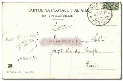 Bologna — Via Orefici — widok ulicy z wozami i wydawcą E. Modiano e Co. — Rewers