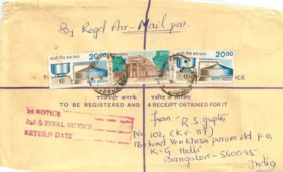 Bangalore - North Bergen — registrierte Luftpostbriefmarke mit Bio Gas-Stempeln — R.S. Gupta an R.E.D. Desch — Rückseite
