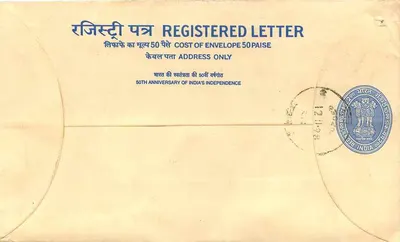 50° aniversario de la independencia de la India — Carta certificada — Editor: India Post — Reverso