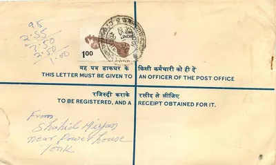 Envelope Registrado — Índia — 1950 — Hired Post Office, Tonk à Registrar, University of Rajasthan, Jaipur — Verso